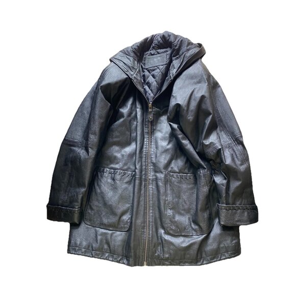 Vintage Jacqueline Ferrar Coat Boxy Leather Large Hooded Womens Black Unisex - Picture 1 of 9